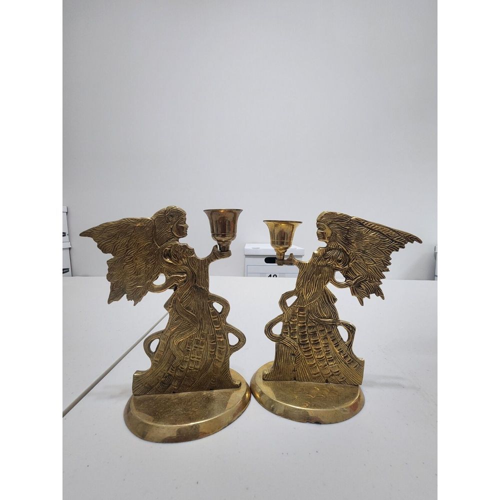 VTG 1995 Pair of Solid Brass‎ Angel Candle Stick Holders Made in India